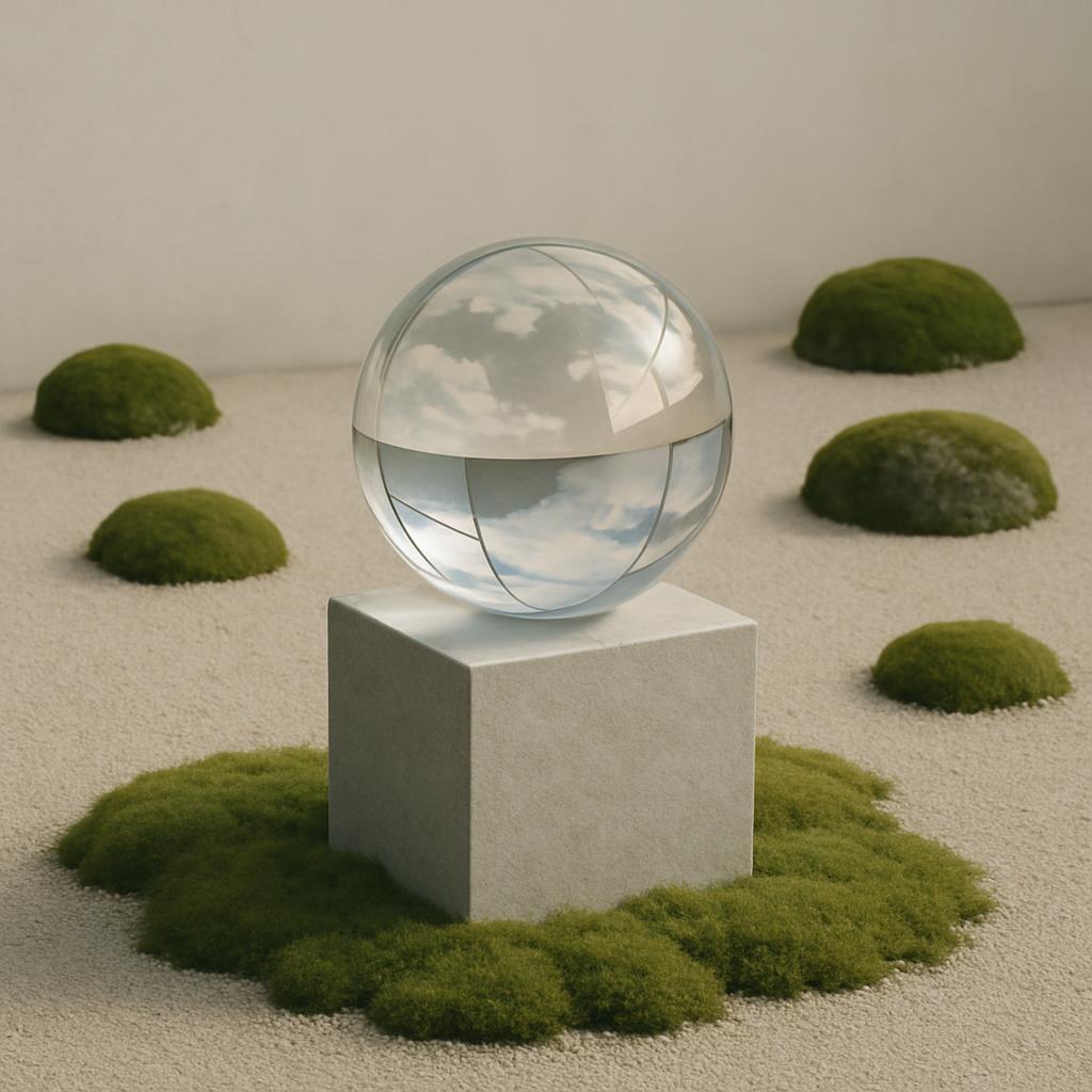 A glass orb with a reflection of cloud skies, placed atop a square stone pedestal, on a carpet surrounding five identical ...