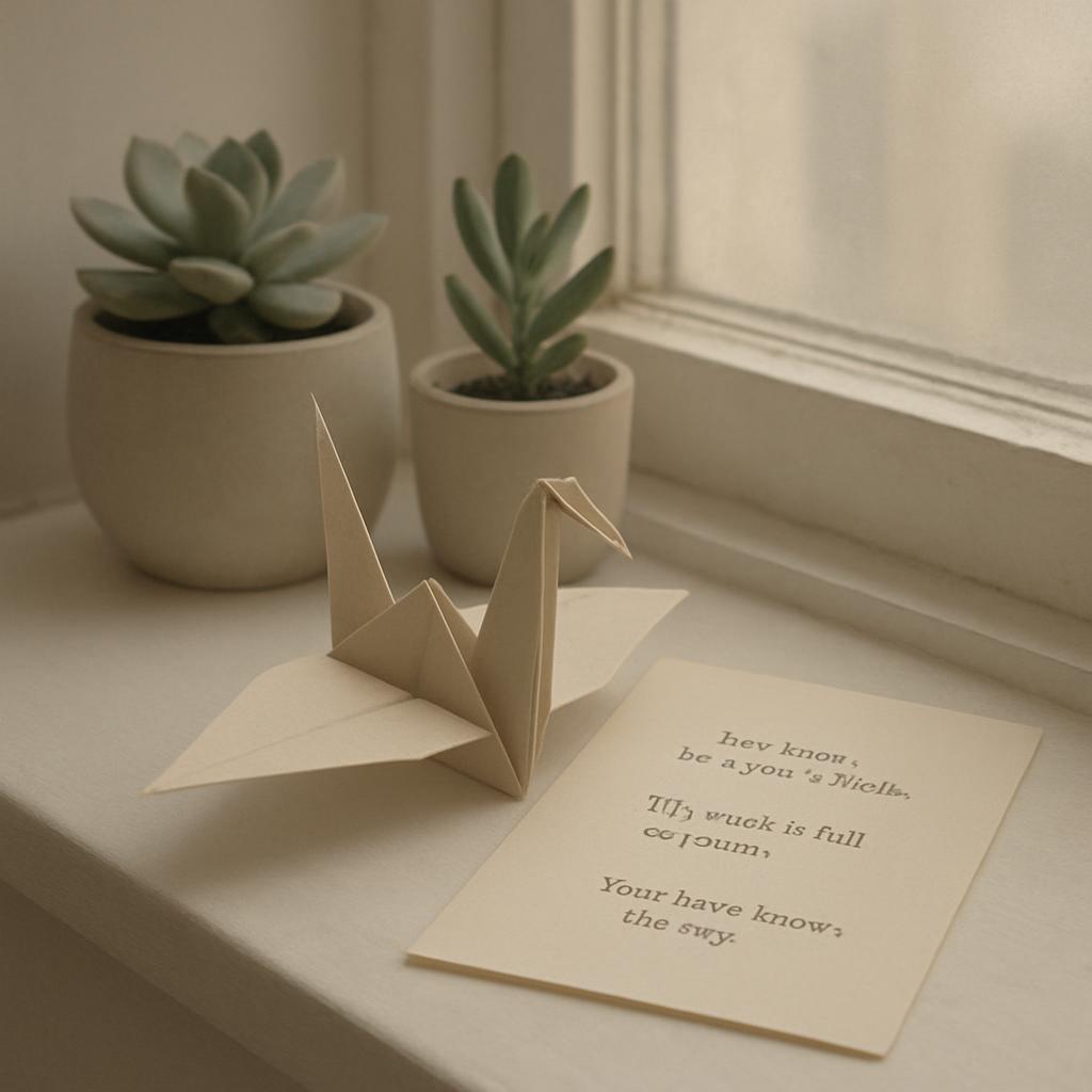 An origami crane and two succulents in white planters are shown on a windowsill together with a typewritten note on a beig...